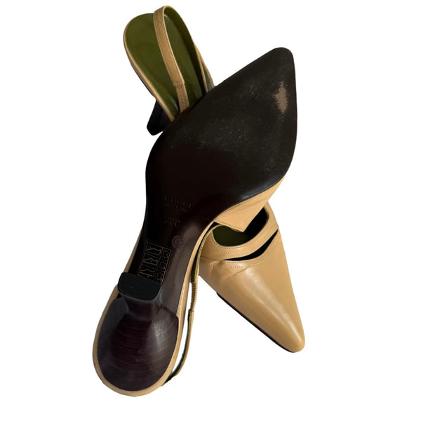 Gucci Beige Logo Leather Slingbacks
