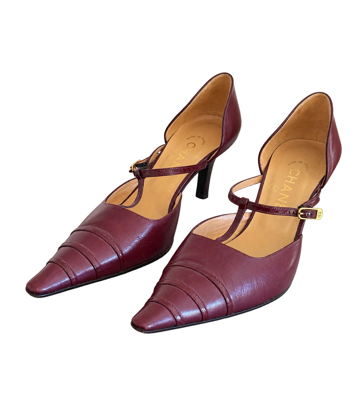 Chanel Burgundy Logo T-Strap Heels