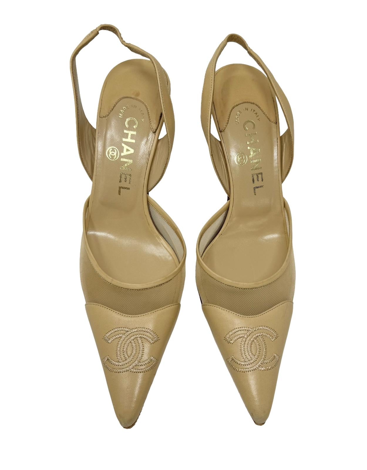 Chanel Beige Mesh Logo Slingback Heels