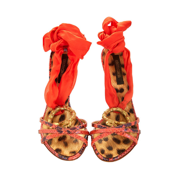 Roberto Cavalli Coral Snakeskin Wrap Heel