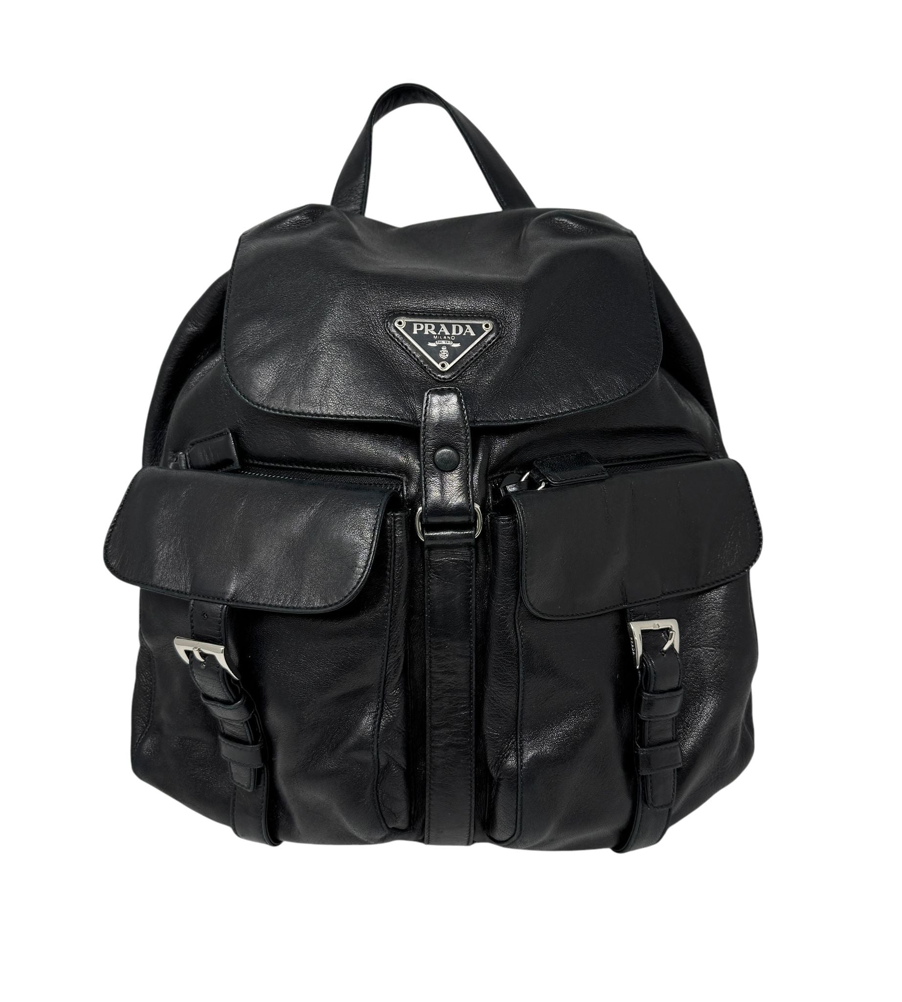 Prada Black Leather Logo Backpack