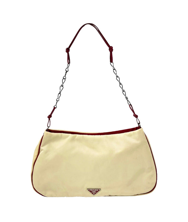 Prada Cream + Brown Satin Floral Shoulder Bag