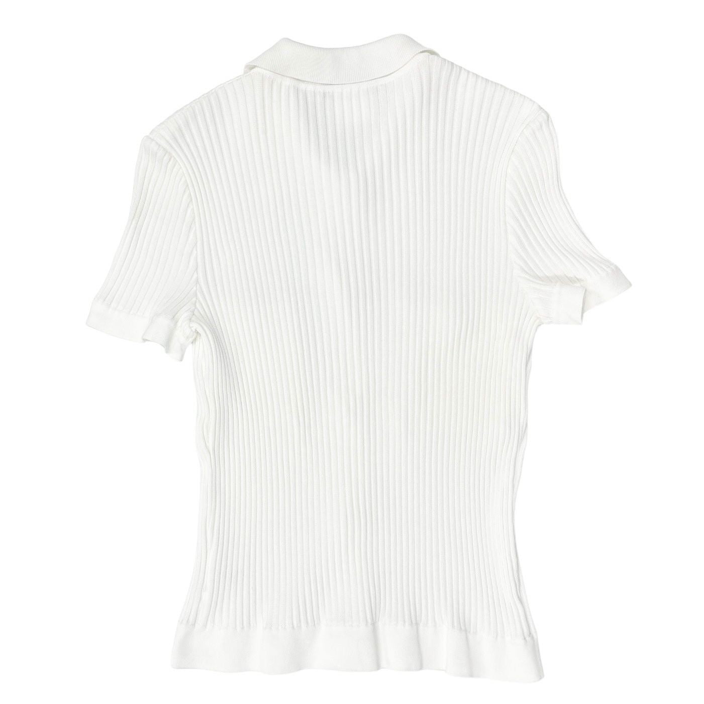 Chanel White Ribbed Logo Short Sleeve Button Down