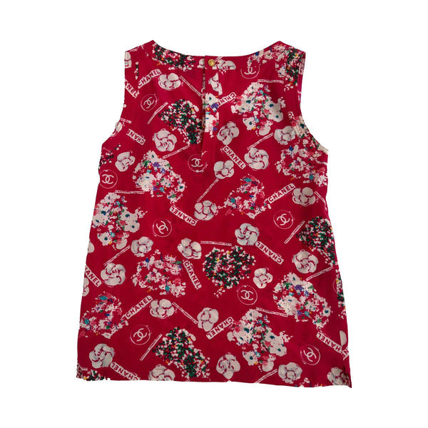 Chanel Red Print Silk Tank Top