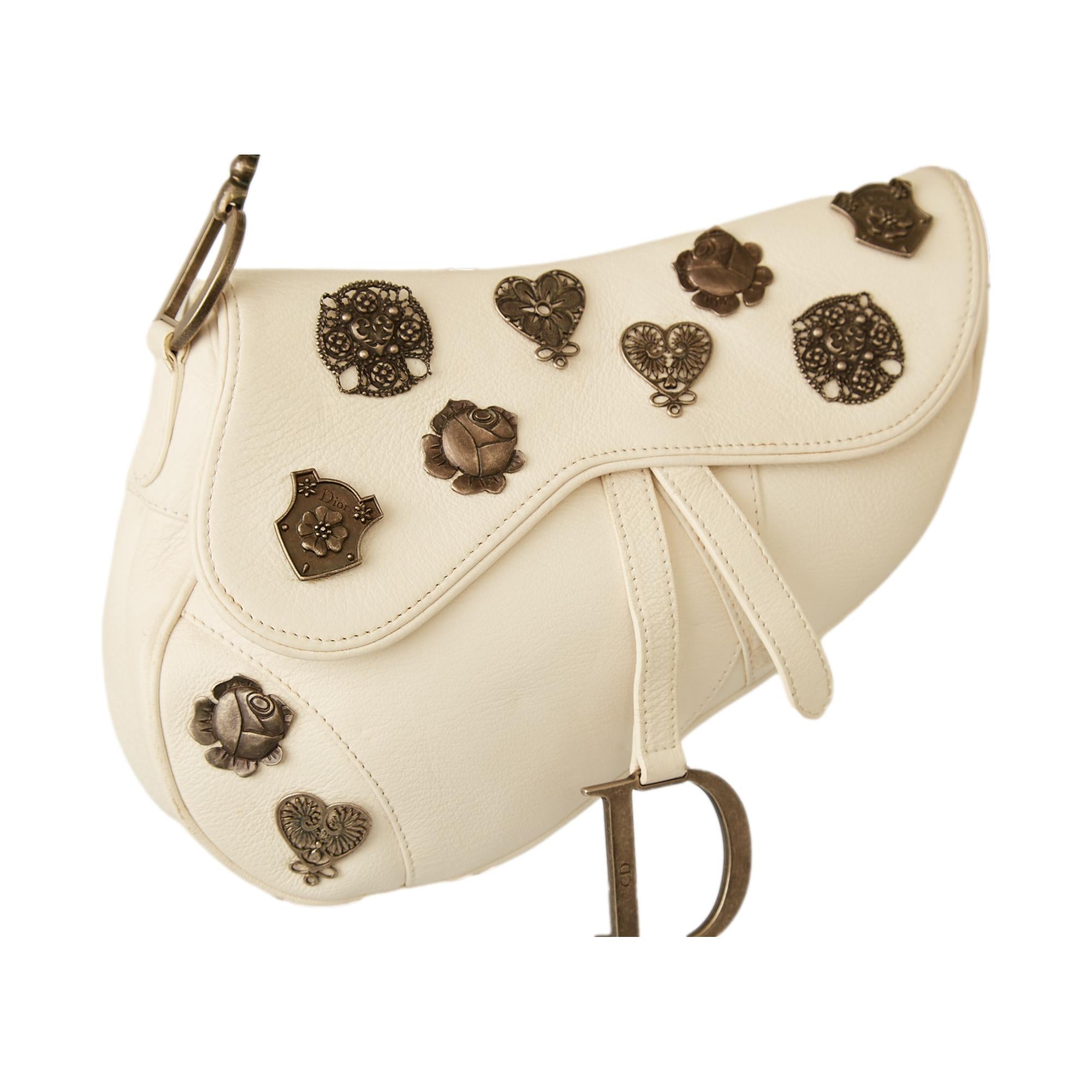 Dior White Leather Charm Saddle Bag