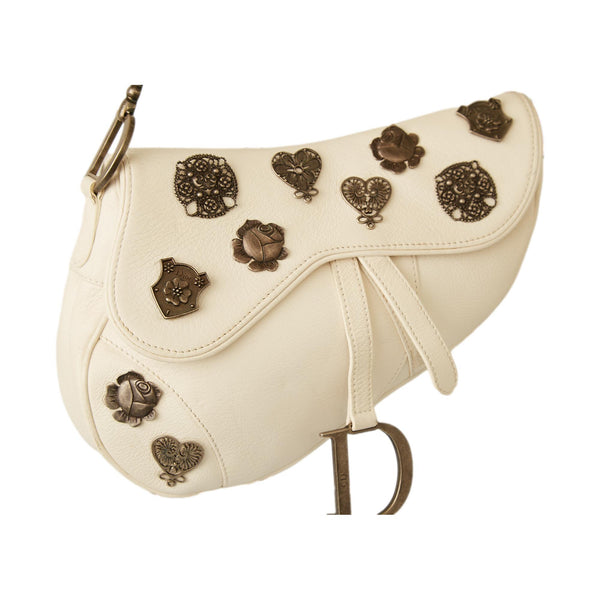 Dior White Leather Charm Saddle Bag