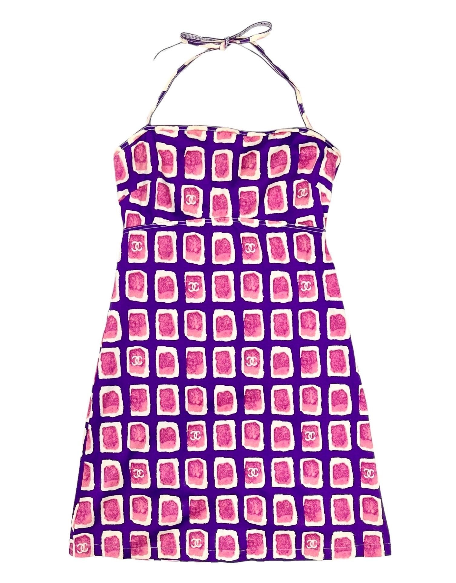 Chanel Pink + Purple Logo Halter Dress