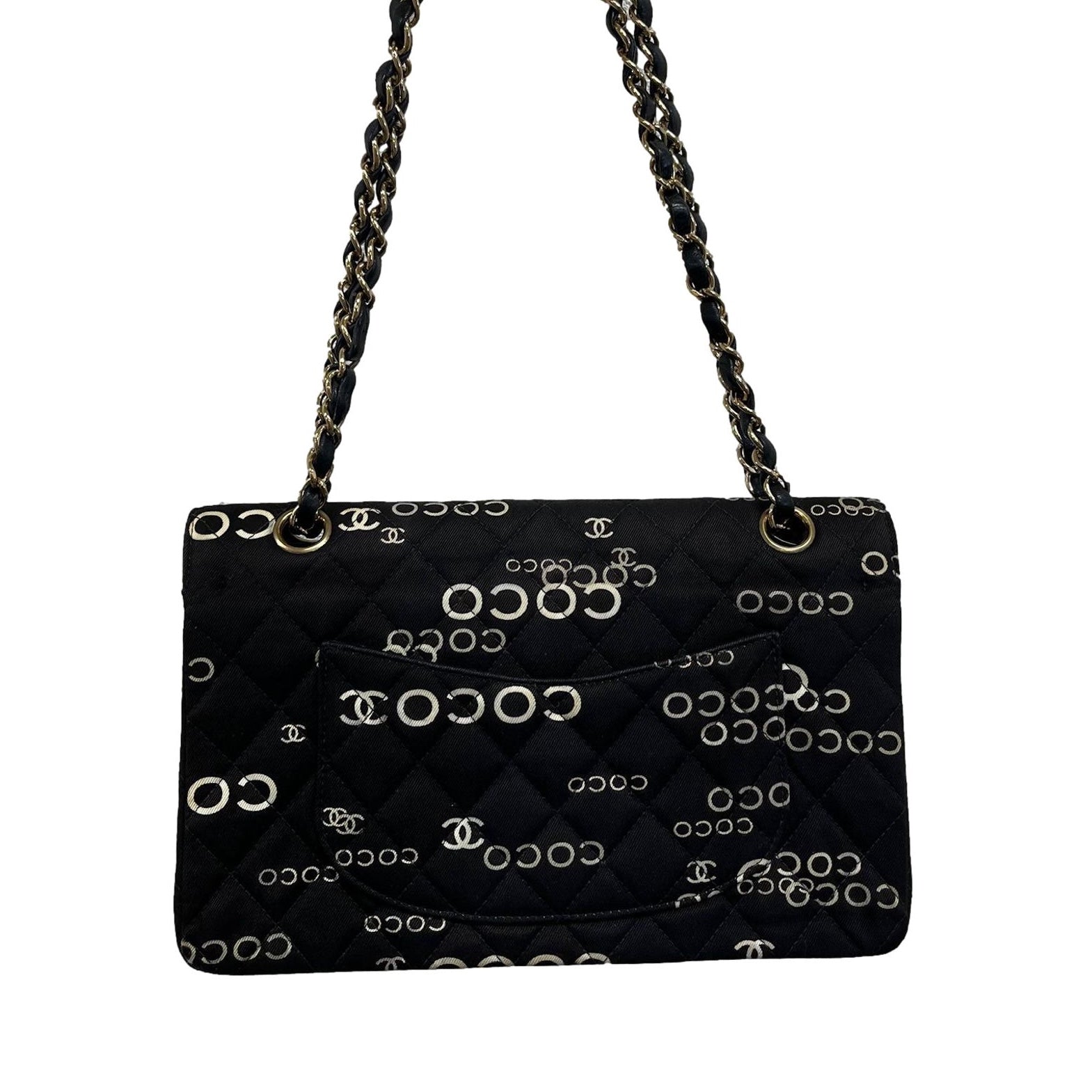 Chanel Black Coco Print Canvas Double Flap Bag