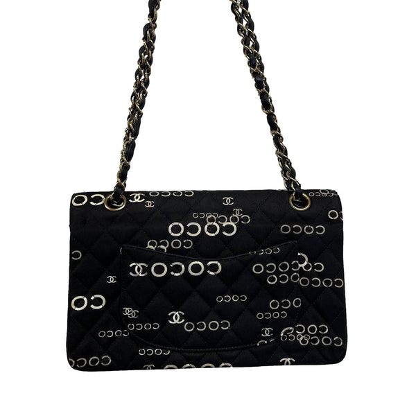 Chanel Black Coco Print Canvas Double Flap Bag