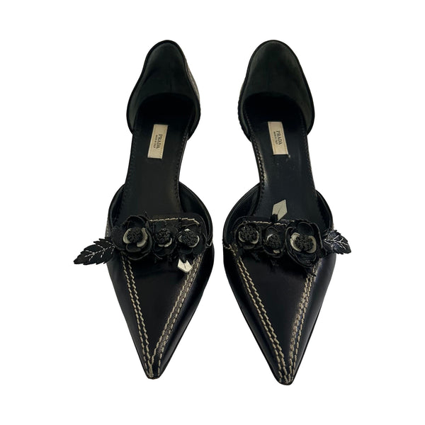 Prada Black Leather Floral Appliqué Kitten Heels