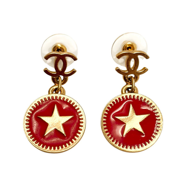 Chanel Red Star Logo Earrings