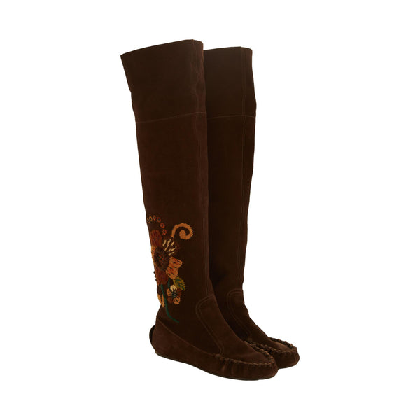 Miu Miu Brown Suede Floral Embroidered Over-Knee Boots