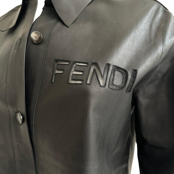 Fendi Black Leather Logo Button Down Top