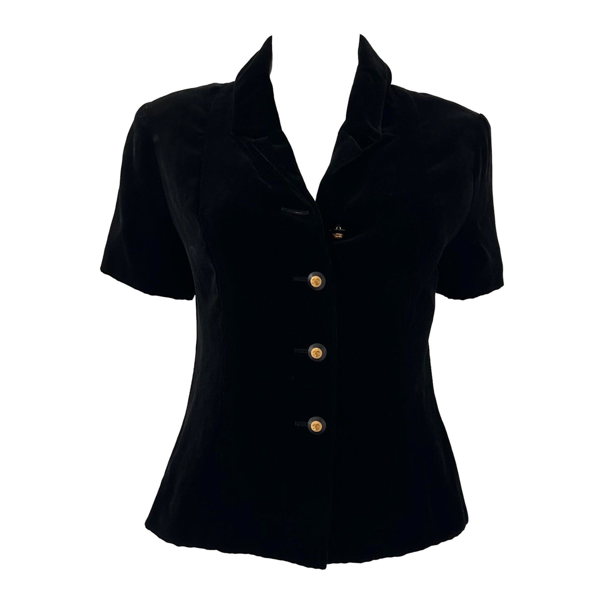 Chanel Black Velvet Logo Button Jacket