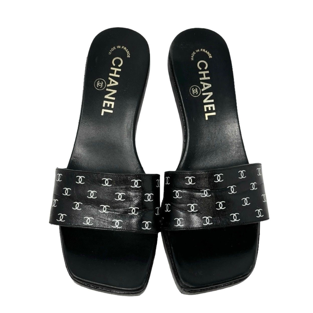 Chanel Black Leather Logo Kitten Heels