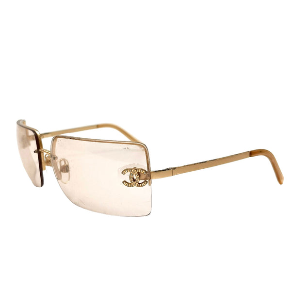 Chanel Light Brown Gold Rhinestone Logo Sunglasses