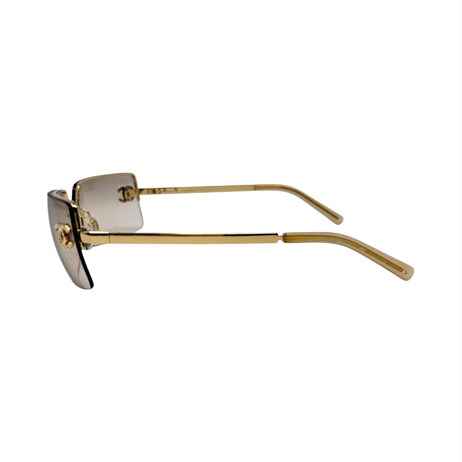 Chanel Light Brown Gold Rim Rhinestone Sunglasses
