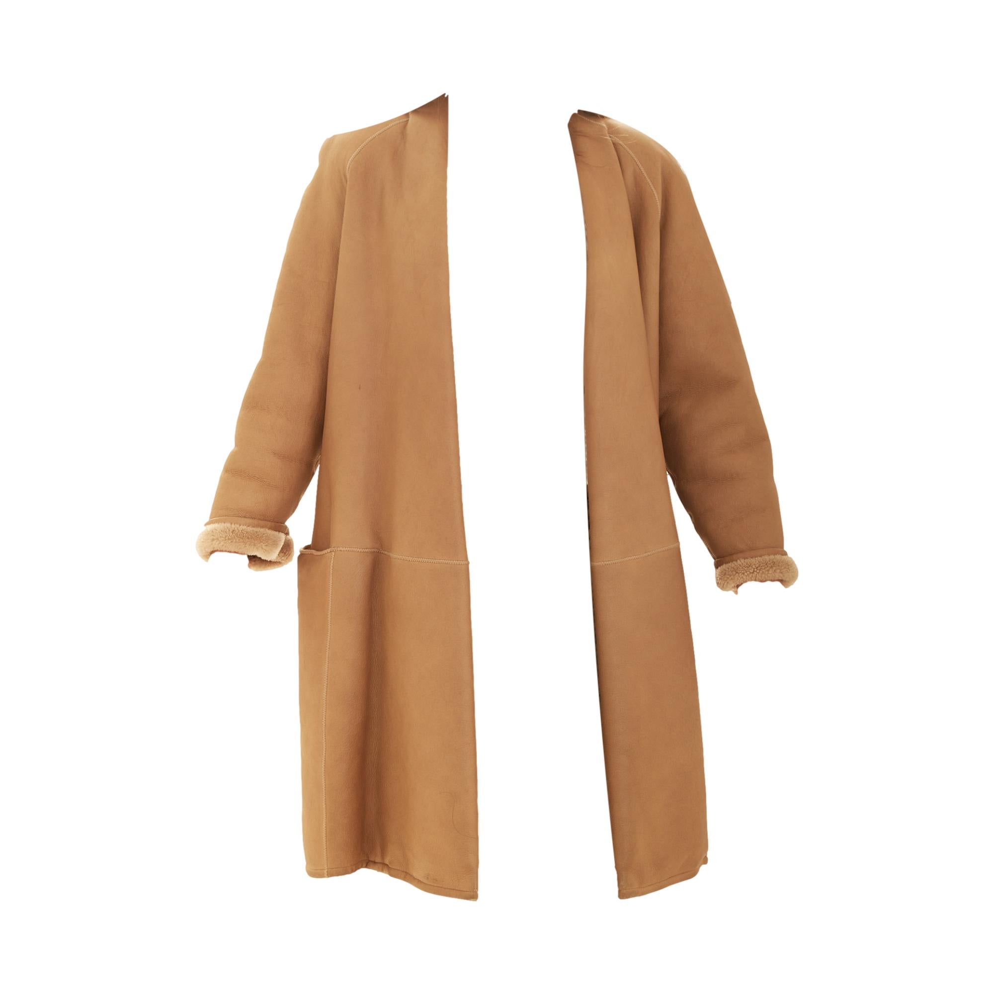 Hermes Camel Shearling-Lined Leather Long Coat