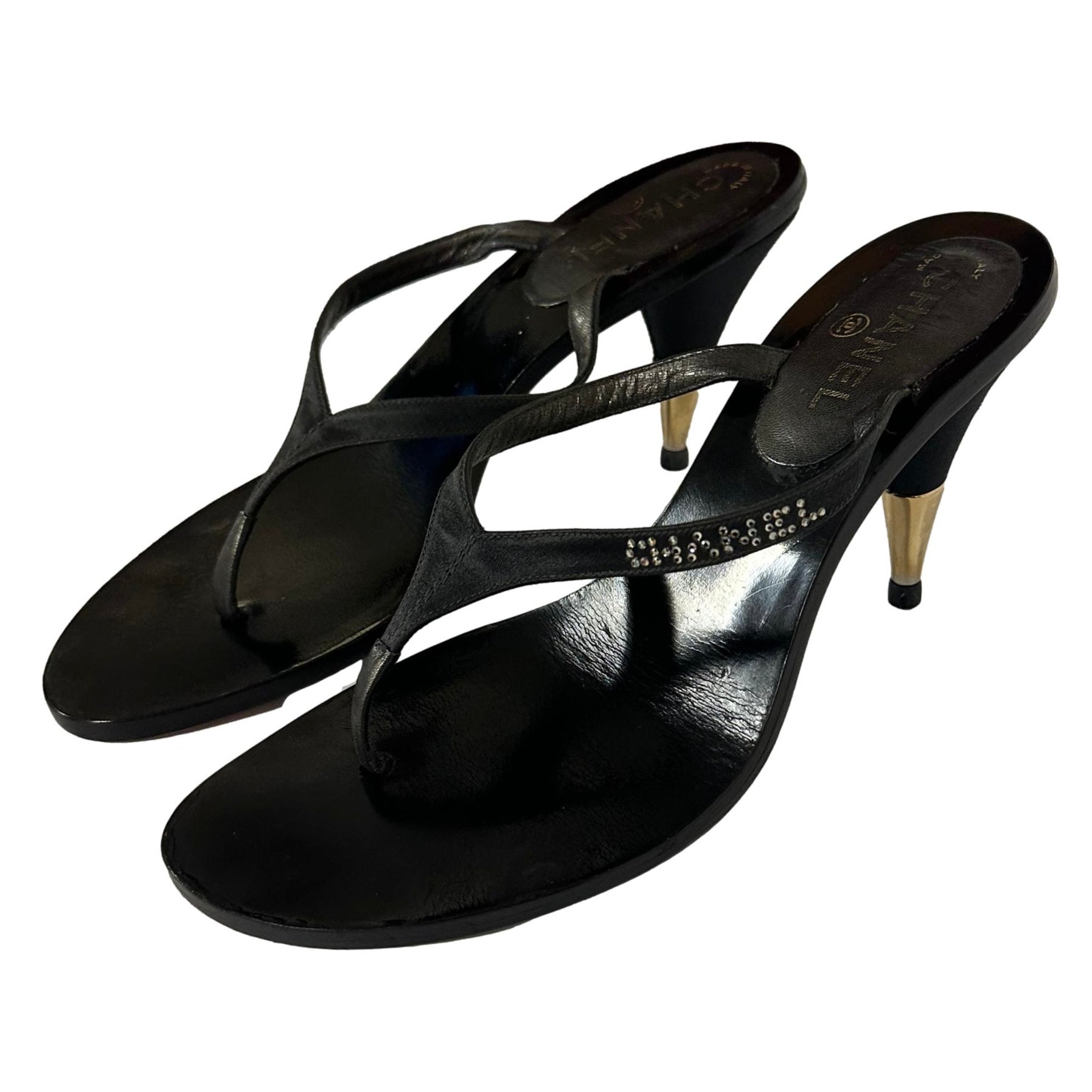 Chanel Black Rhinestone Logo Sandals