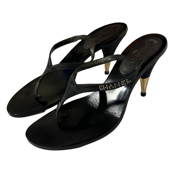 Chanel Black Rhinestone Logo Sandals