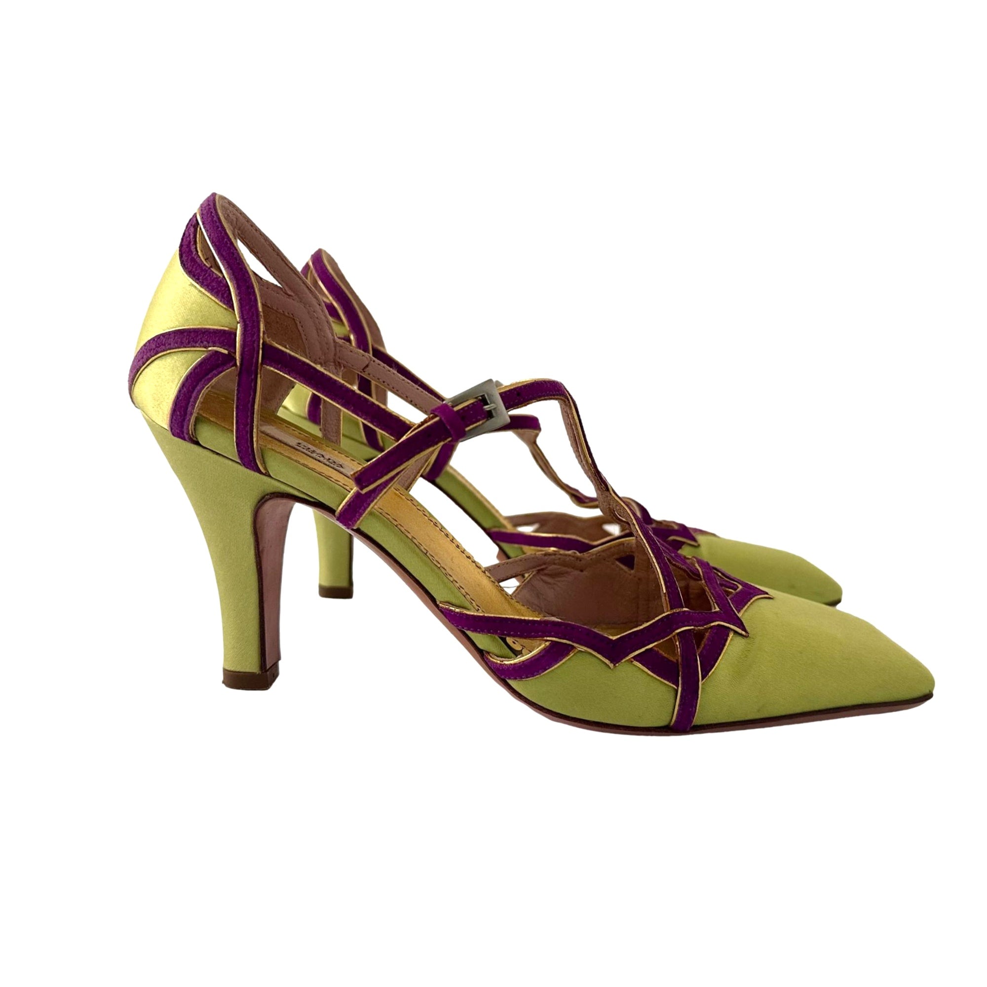 Prada Lime Green and Purple Satin Heels