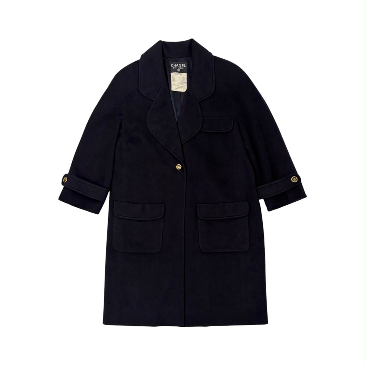 Chanel Navy Logo Button Cashmere Coat
