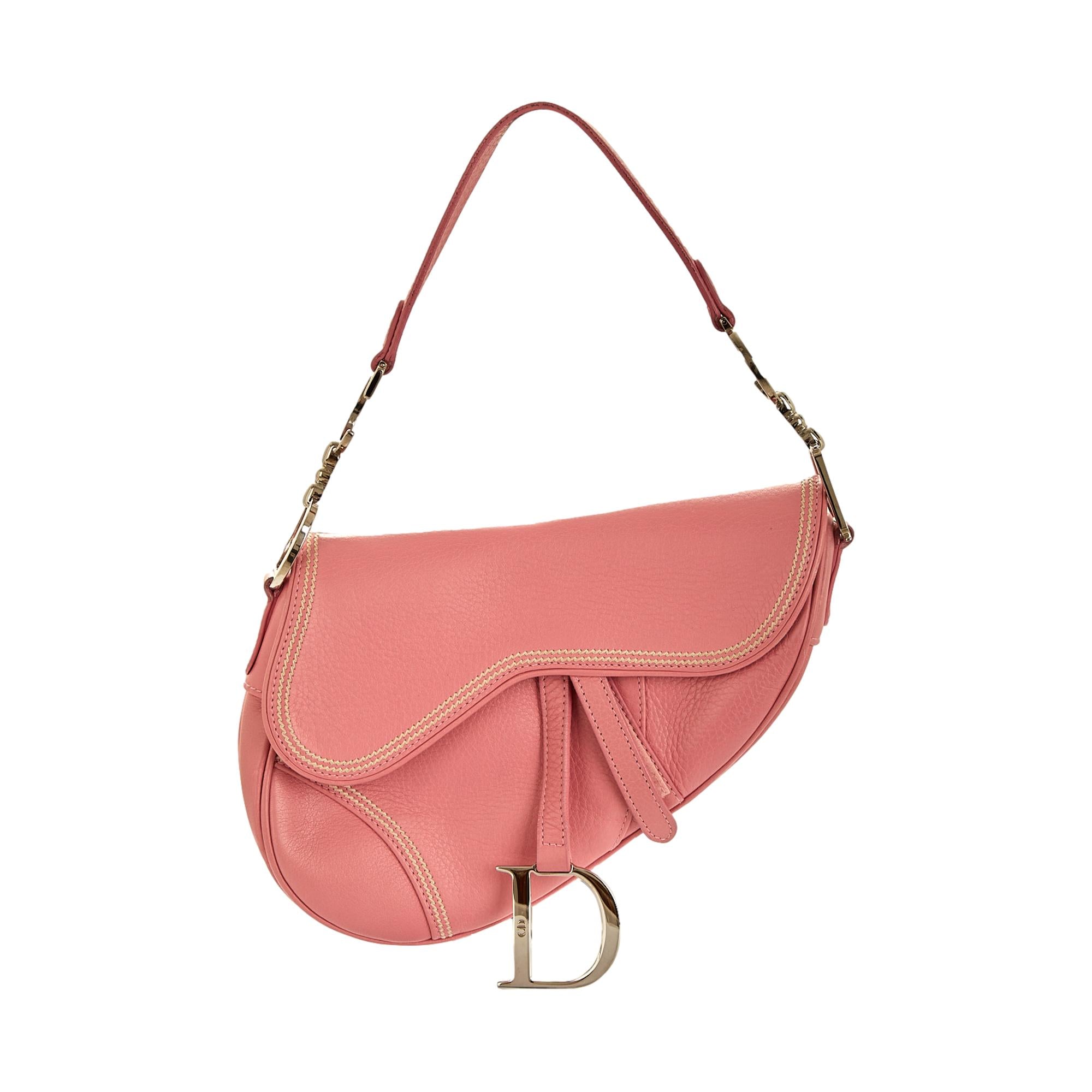 Dior Pink Leather Stitched Saddle Bag