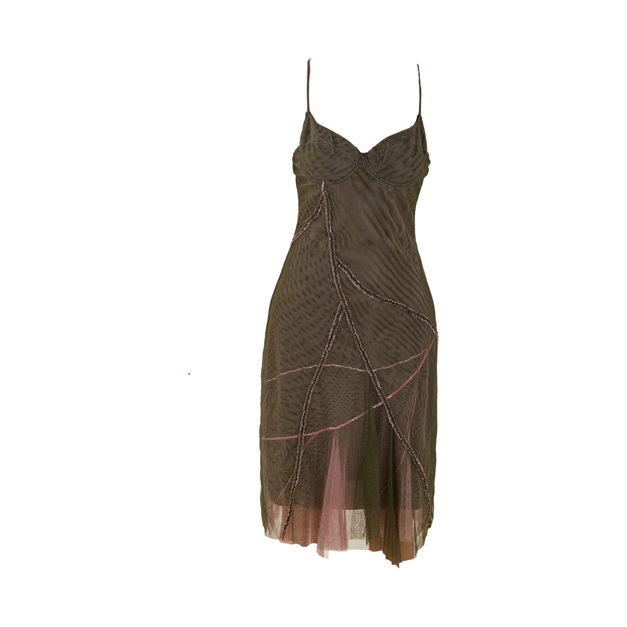 Versace Pink + Green Sheer Mesh Bustier Slip Dress