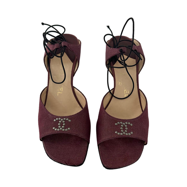 Chanel Burgundy Denim Logo Tie Heels