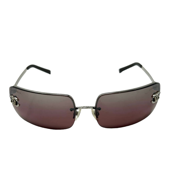 Chanel Dark Purple Rhinestone Logo Rimless Sunglasses