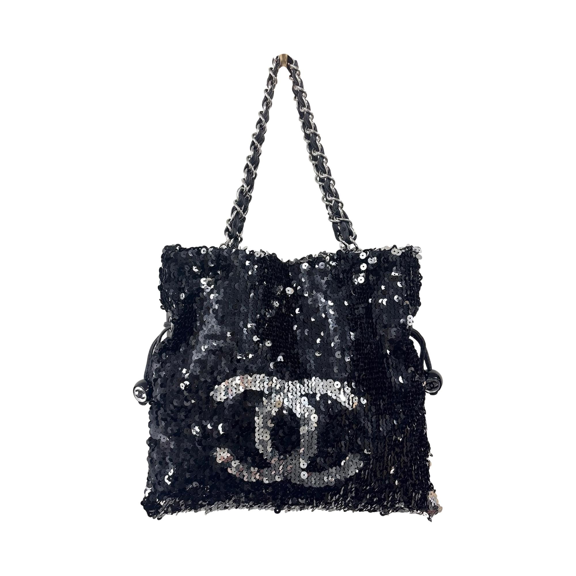 Chanel Black Sequin Shoulder Tote Bag