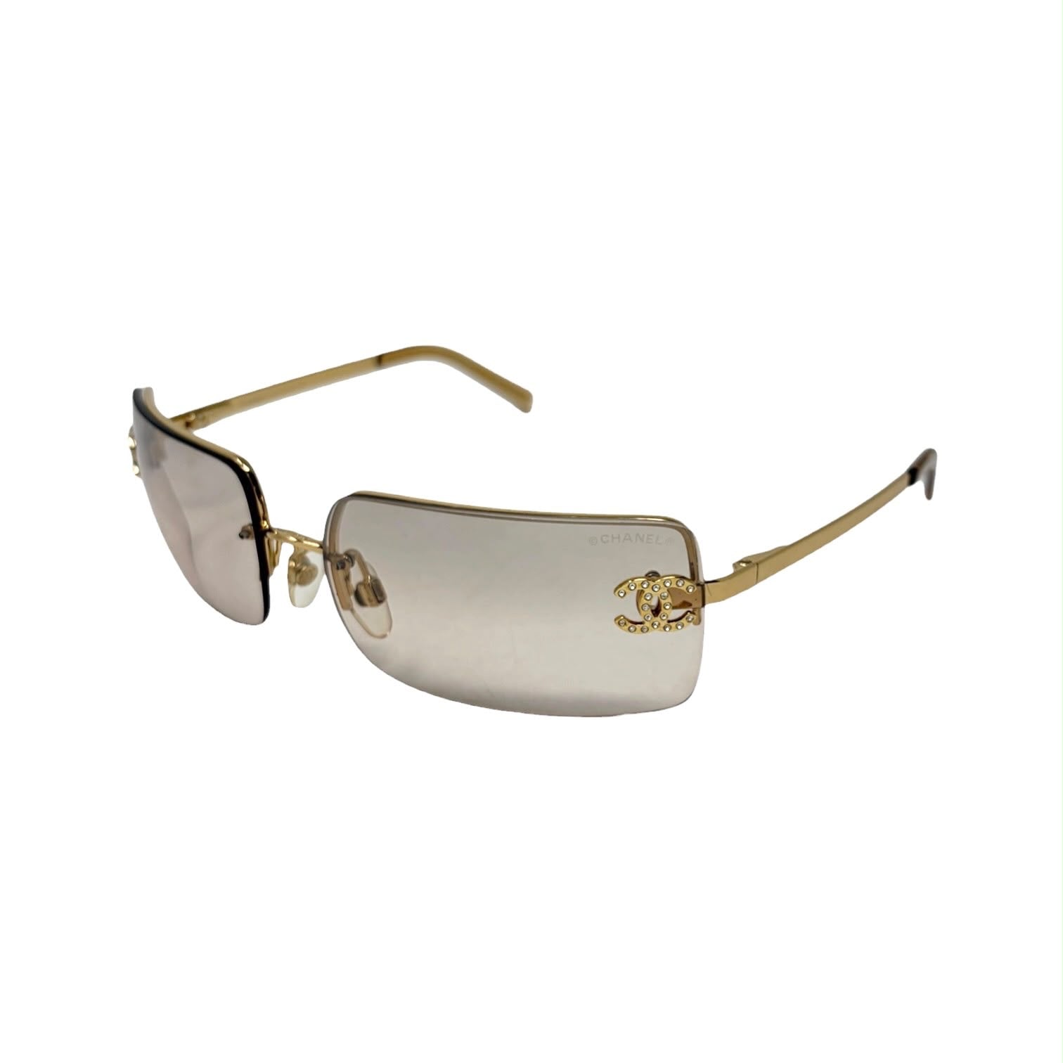 Chanel Light Brown Gold Rim Rhinestone Sunglasses