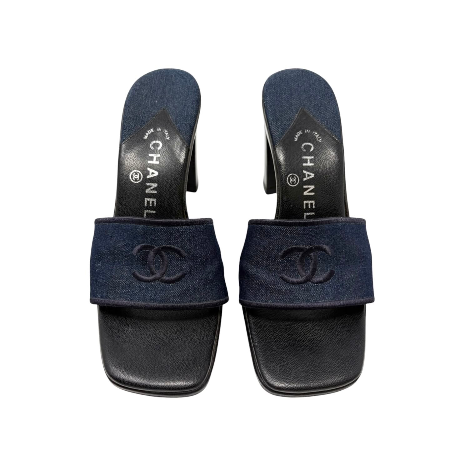 Chanel Denim Logo Block Heels