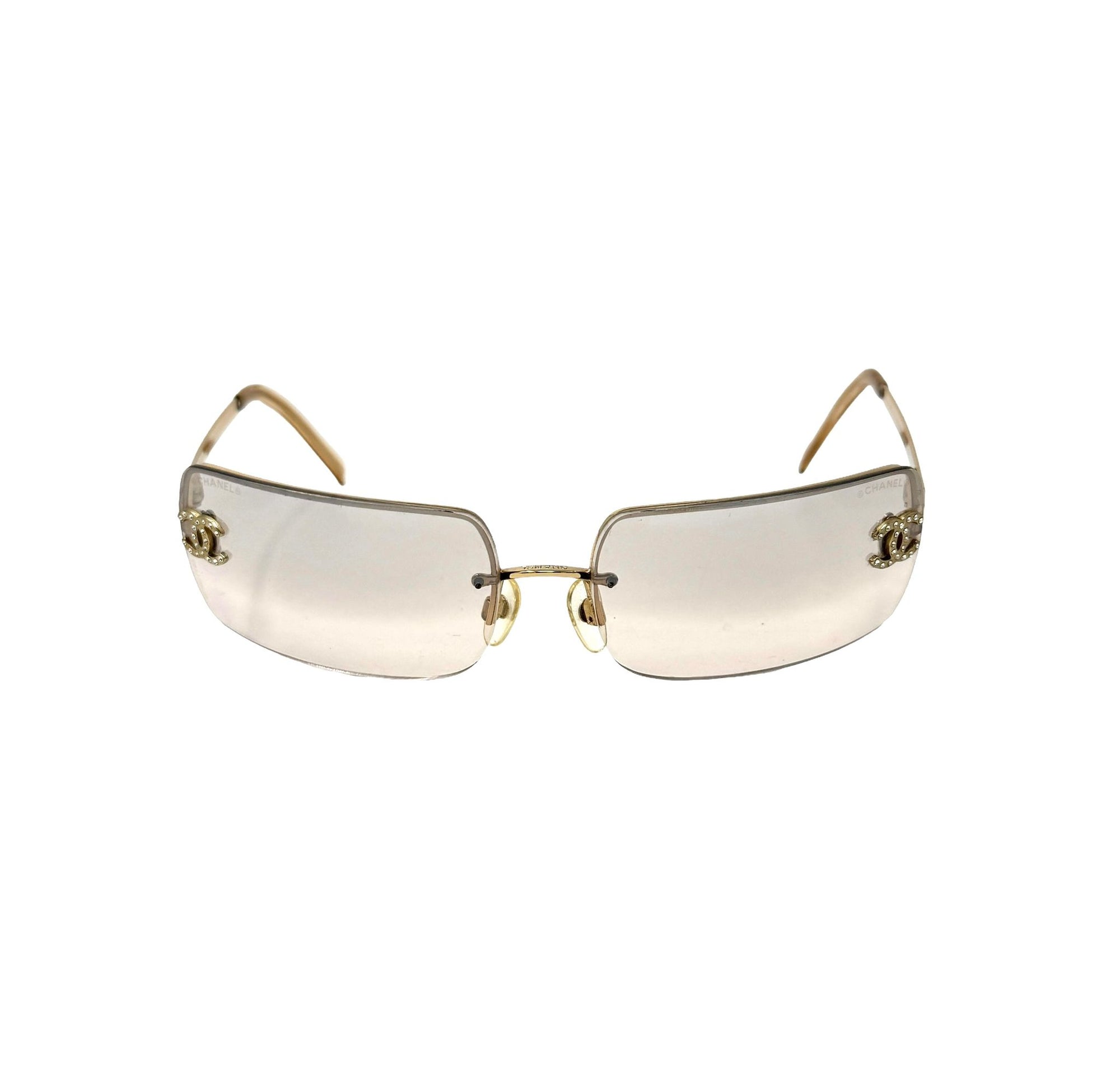 Chanel Clear Rhinestone Logo Rimless Sunglasses