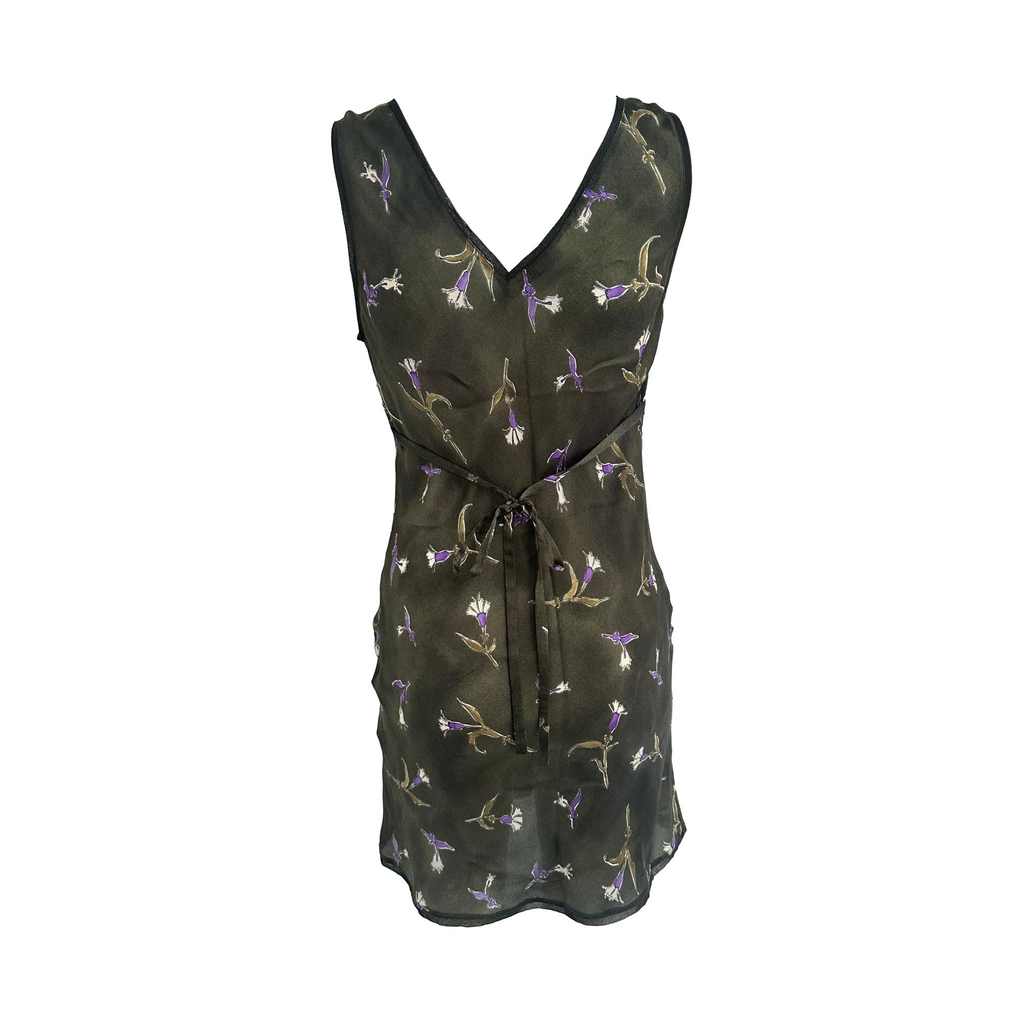 Prada Green Silk Lily Print Mini Dress