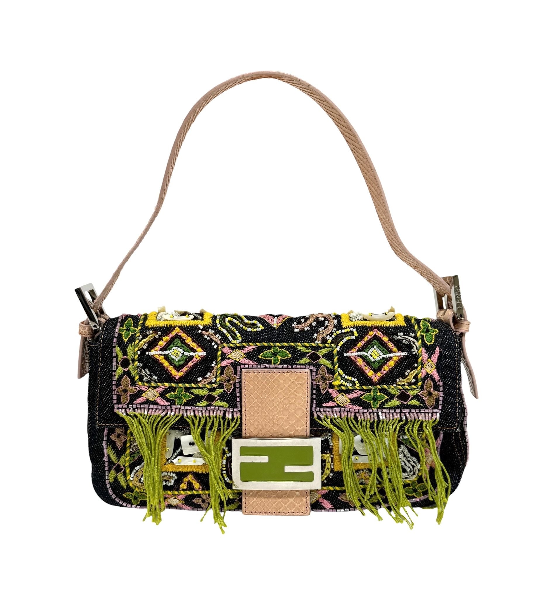 Fendi Denim Fringe Embroidered Baguette Bag