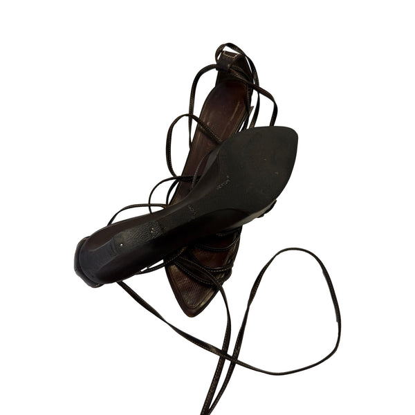 YSL Brown Lace Up Wedge Sandal