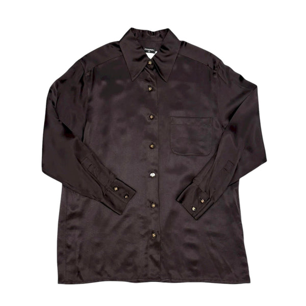 Chanel Brown Silk Logo Button Down