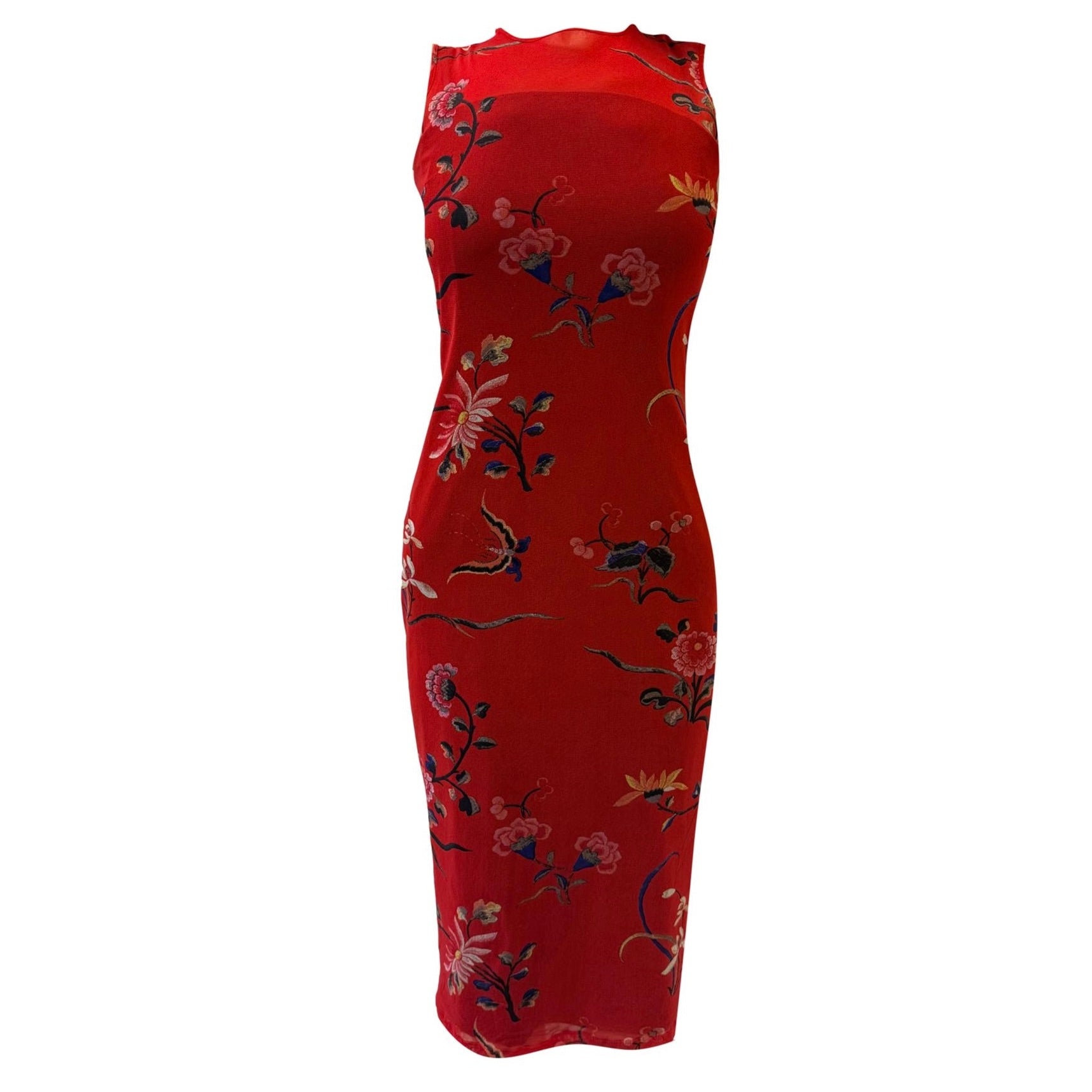 Dolce & Gabbana Red Floral Mesh Midi Dress with Black Slip