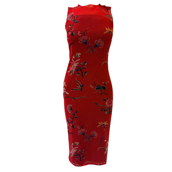 Dolce & Gabbana Red Floral Mesh Midi Dress with Black Slip