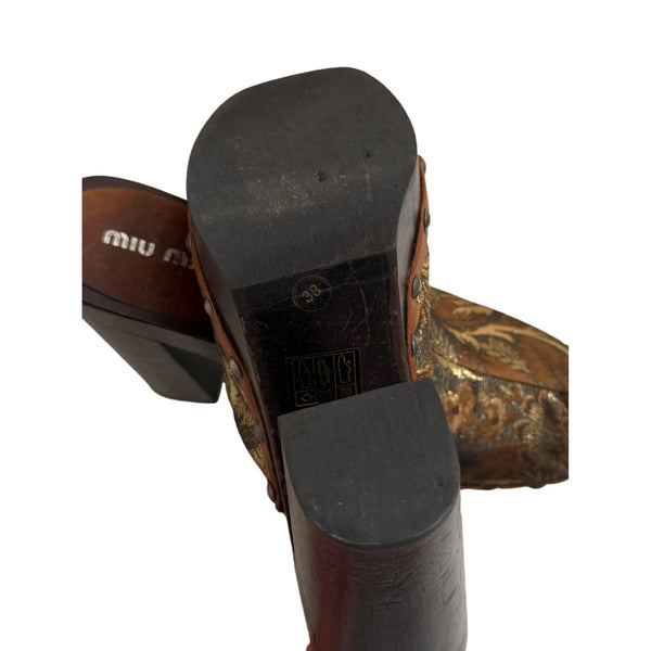 Miu Miu Brown Brocade Wooden Clogs