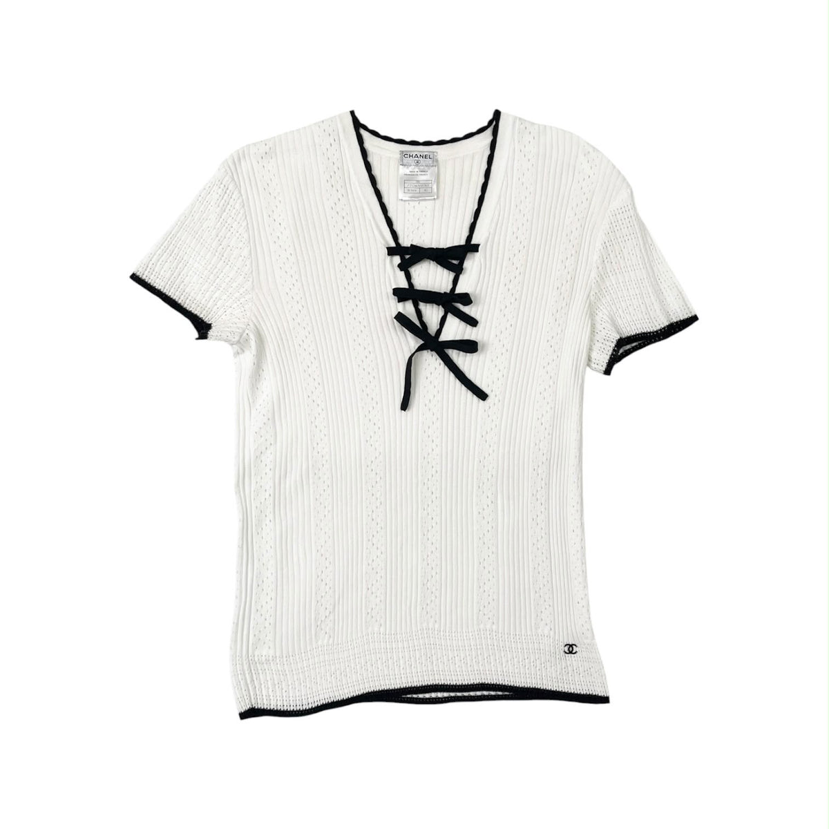 Chanel White Sleeve Bow Logo Top