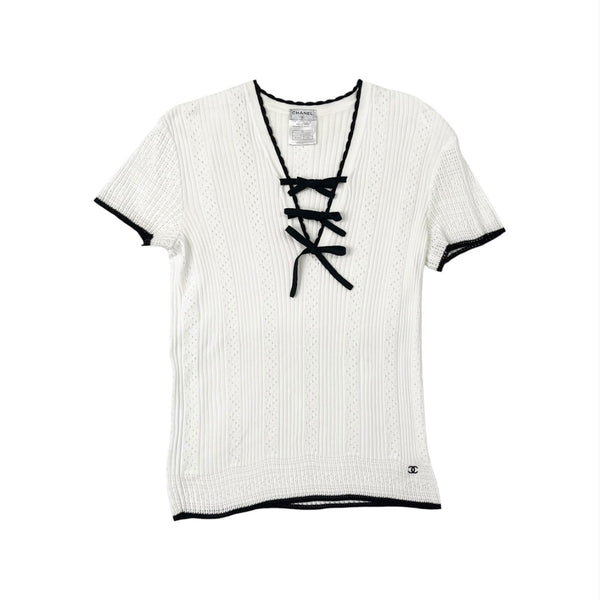 Chanel White Sleeve Bow Logo Top