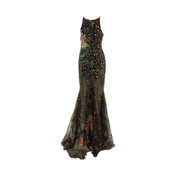 Roberto Cavalli Black Floral Ruffle Gown