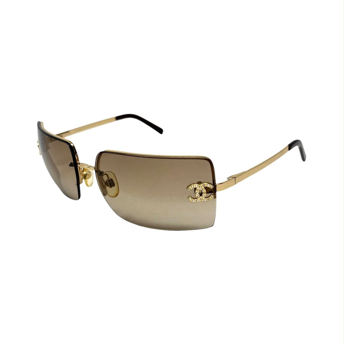Chanel Brown Rhinestone Logo Rimless Sunglasses