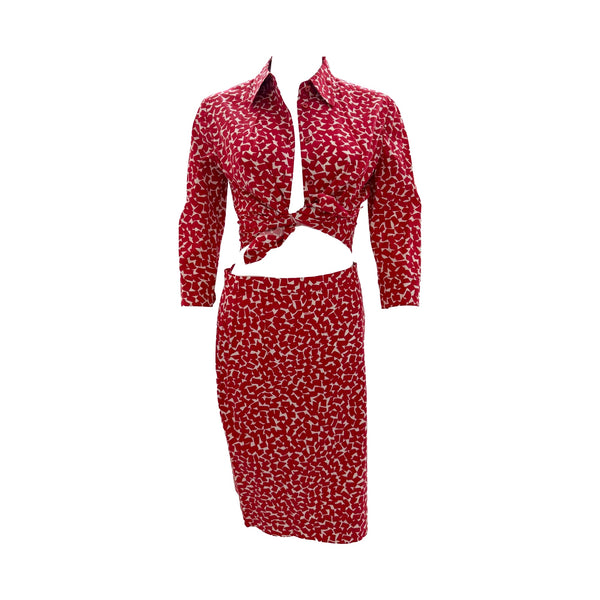Prada Red Logo Print Cotton Skirt Set