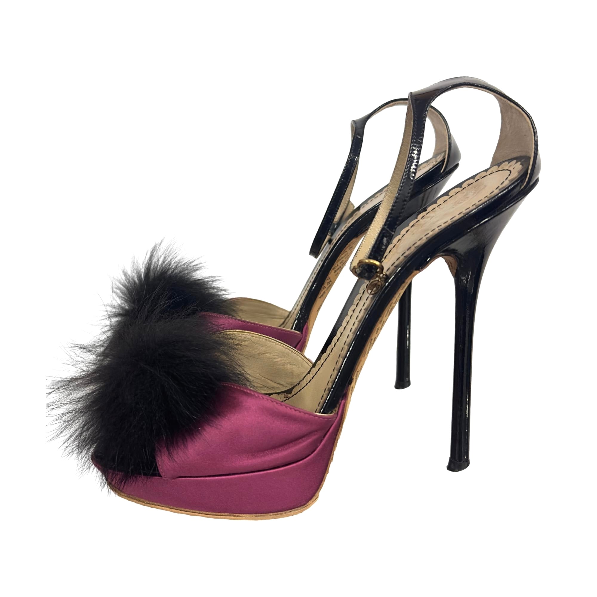 John Galliano Pink + Black Fur Stiletto Heels