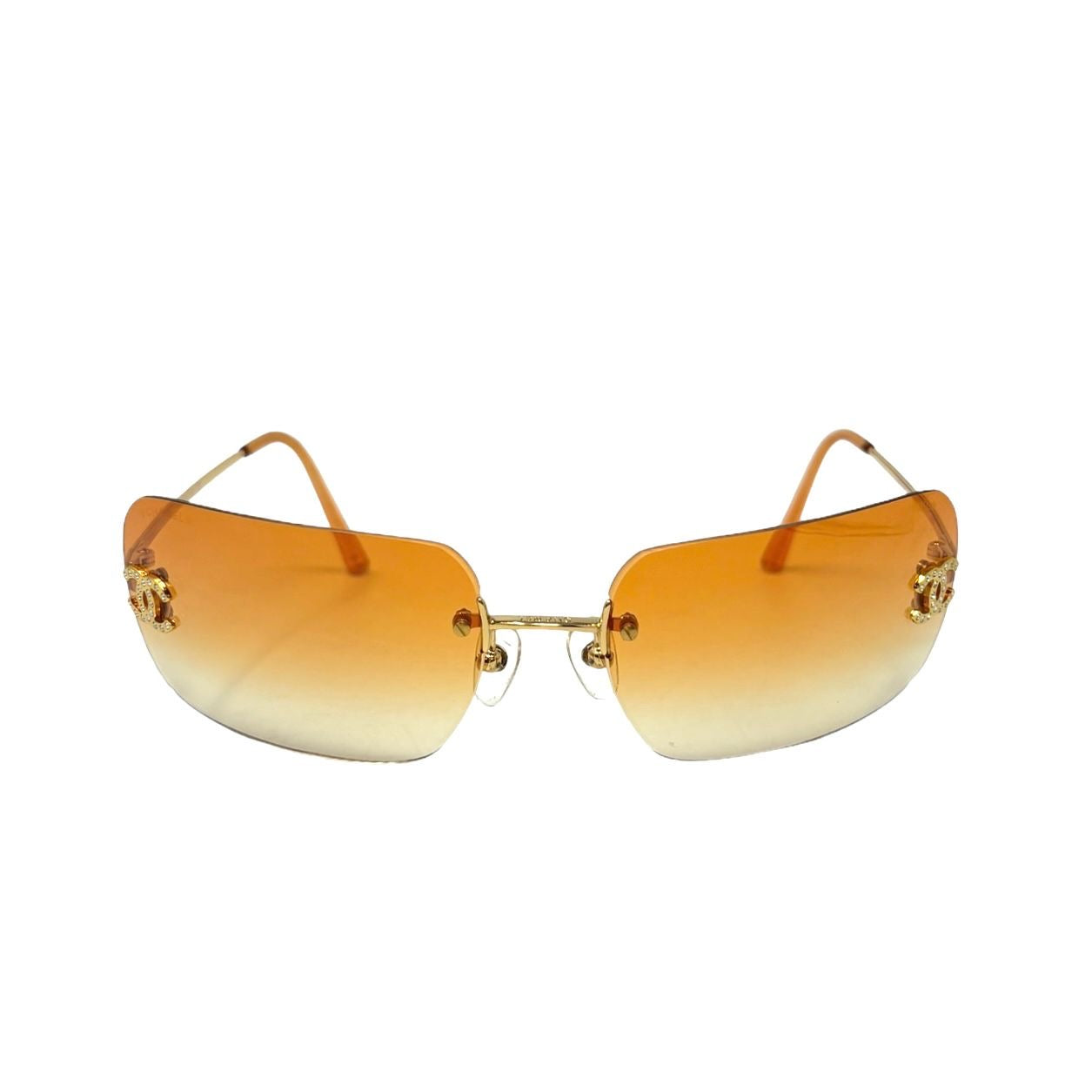 Chanel Orange Rhinestone Logo Rimless Sunglasses