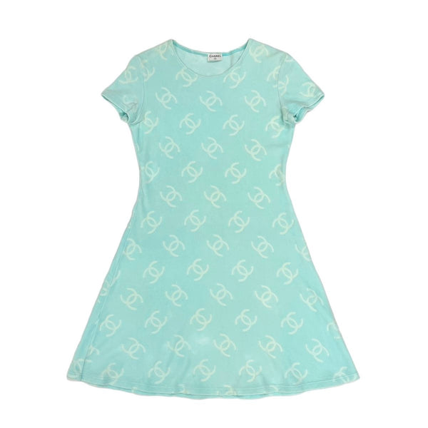 Chanel Baby Blue Velour Logo Dress