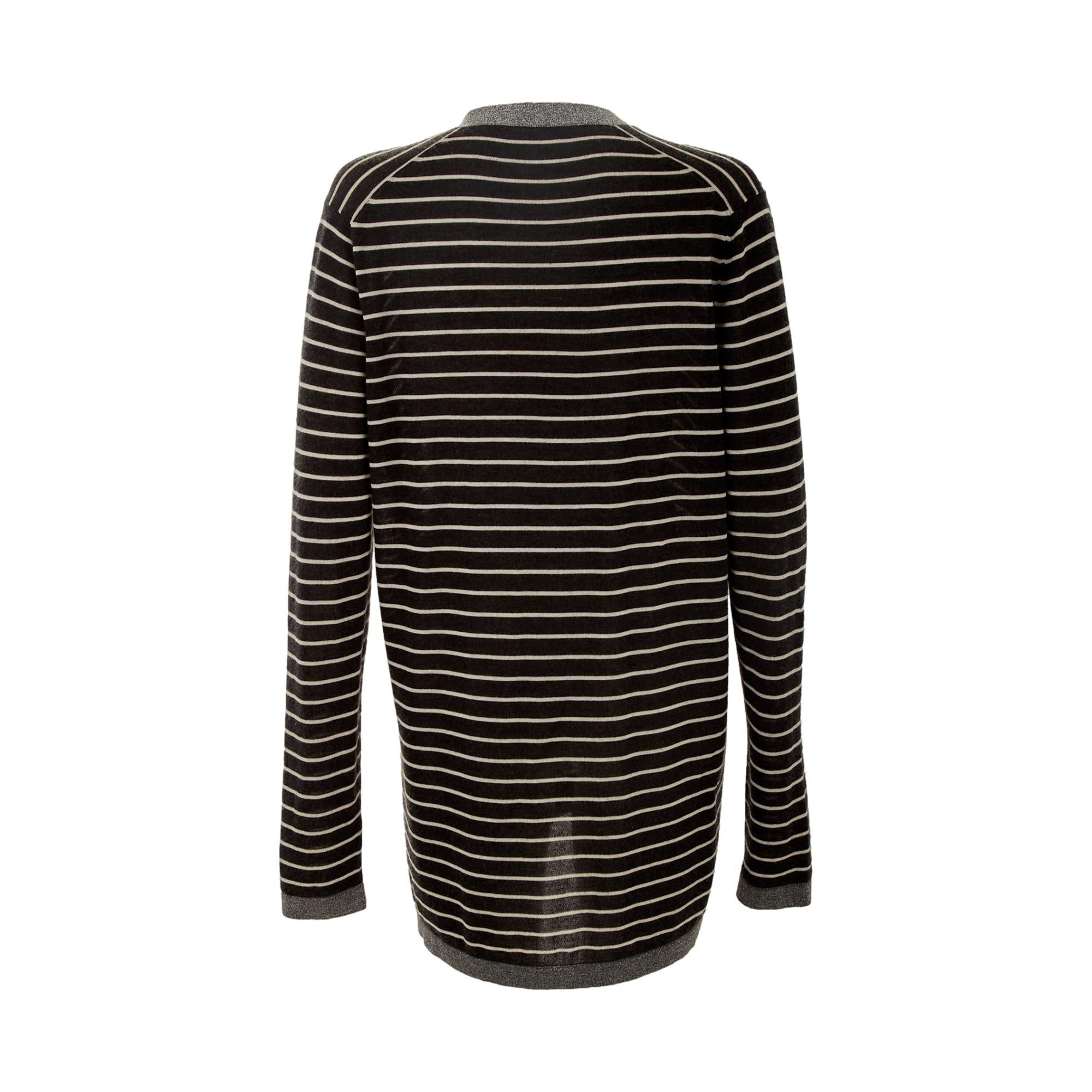 Chanel Gray Striped Heart Logo Cardigan